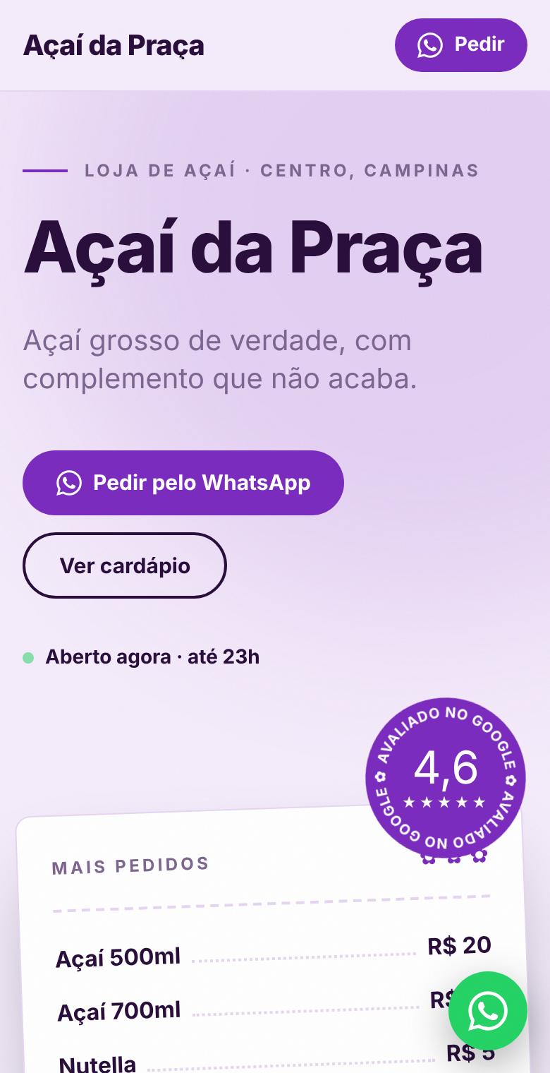 Site de exemplo da Açaí da Praça no celular