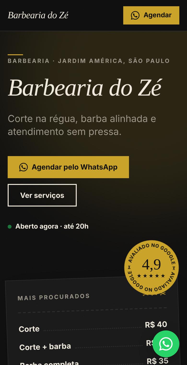 Site de exemplo da Barbearia do Zé no celular