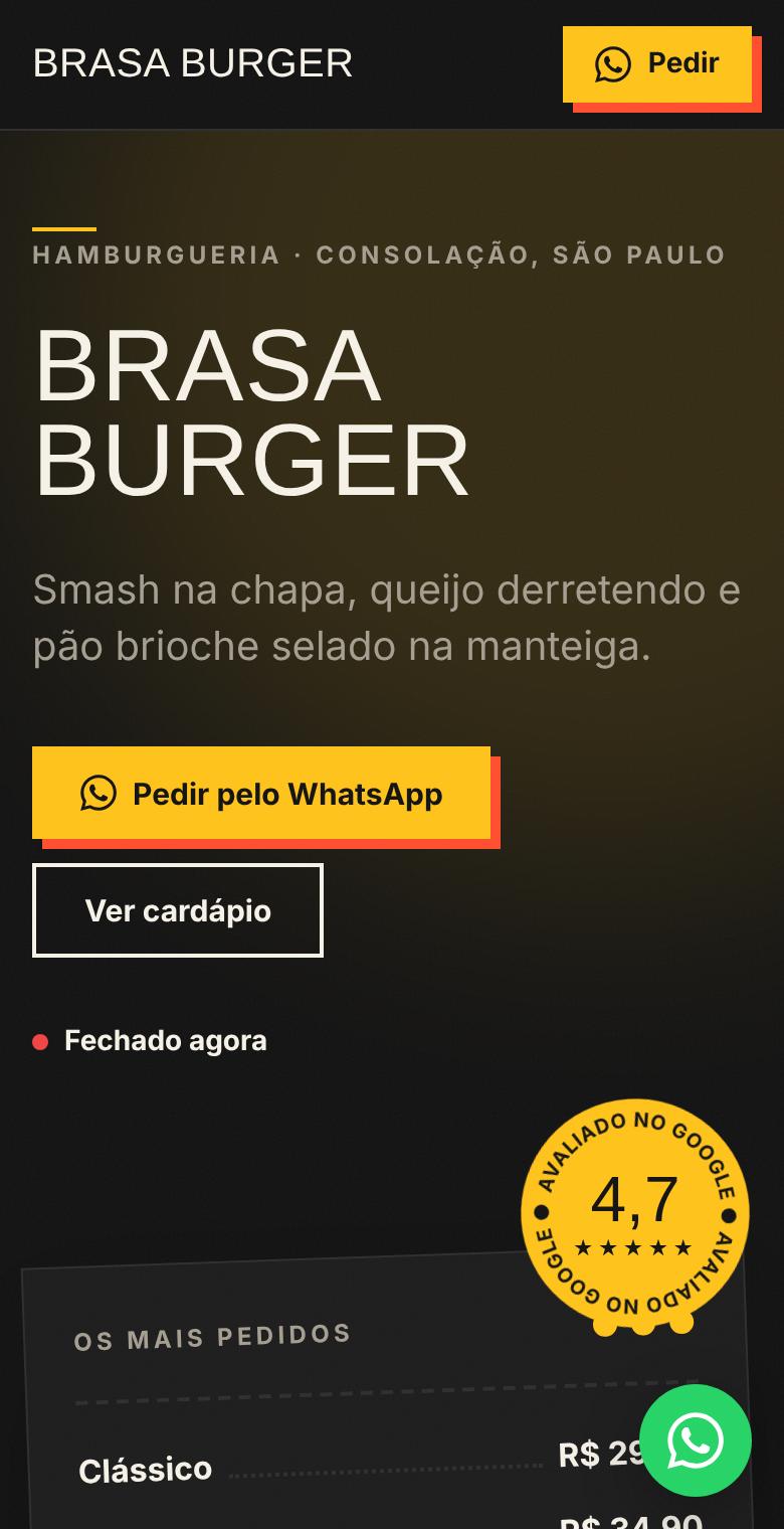 Site de exemplo da hamburgueria Brasa Burger no celular