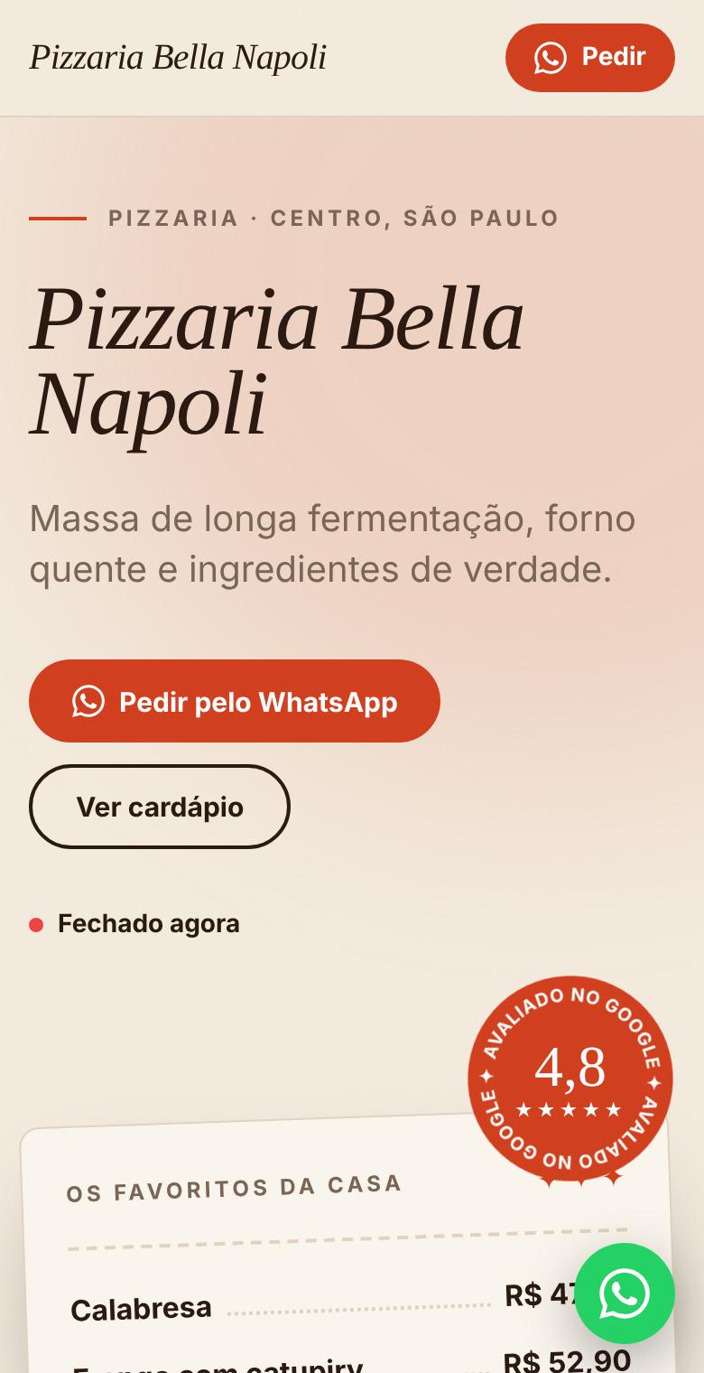 Site de exemplo da Pizzaria Bella Napoli no celular