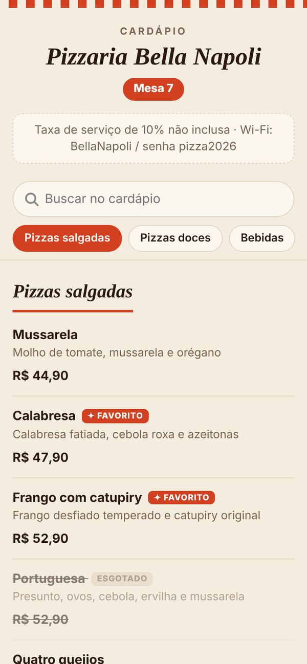 Cardápio da mesa 7 no celular com item esgotado riscado