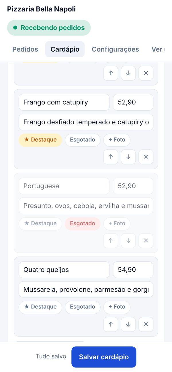 Painel do restaurante editando o cardápio com botões Destaque e Esgotado