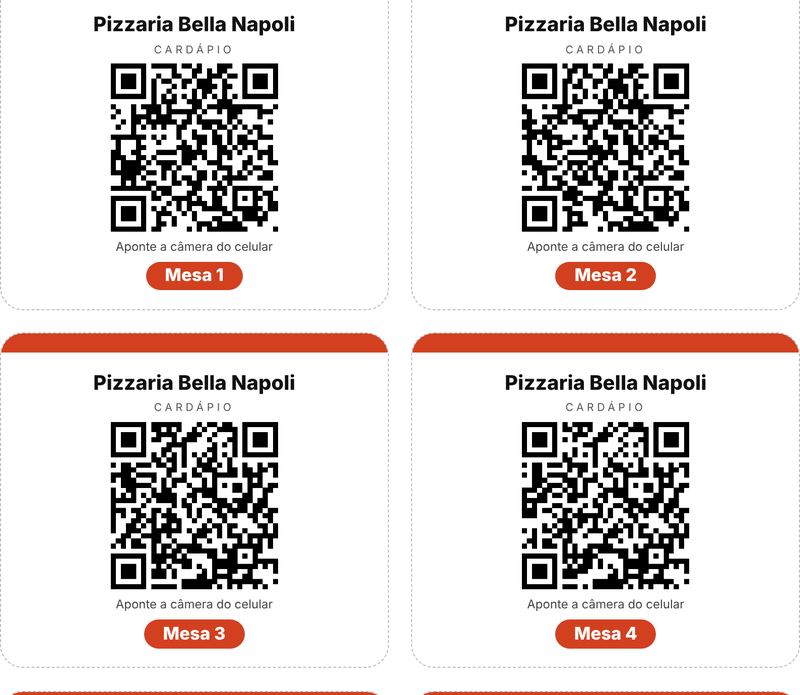 Folha com plaquinhas de QR Code numeradas por mesa