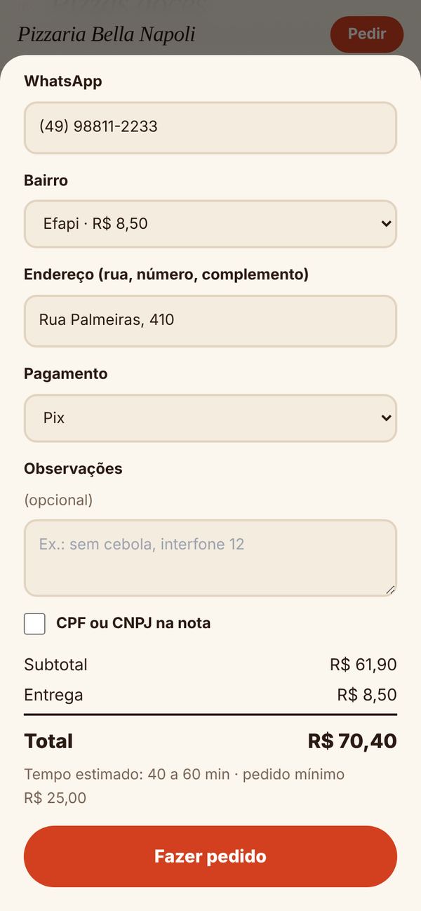 Finalização do pedido com bairro, taxa de entrega e forma de pagamento