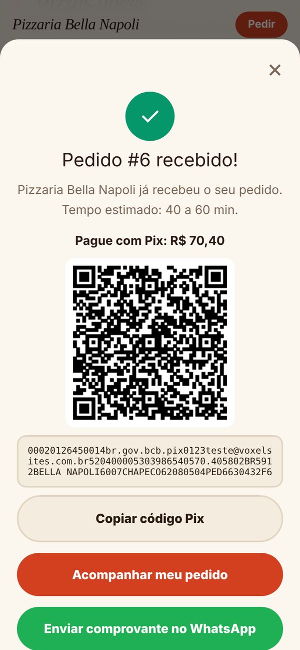 Pedido recebido com QR Code e código Pix com o valor do pedido